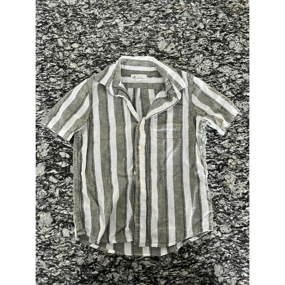 Gap Shirt Kids Small White Green Striped Linen Back Box Relaxed‎ Fit Button Up